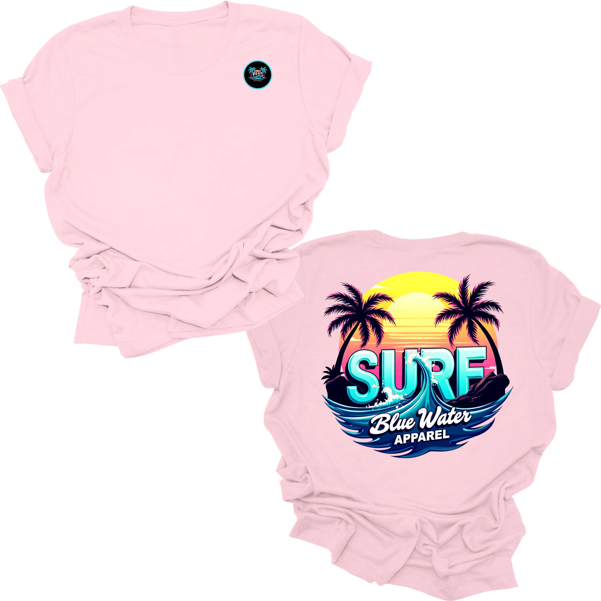 Flat lay light pink retro surf tee by blue water apparel