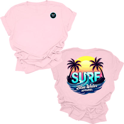Flat lay light pink retro surf tee by blue water apparel