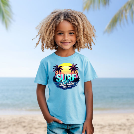 child model wearing sky retro surf tee by blue water apparel
