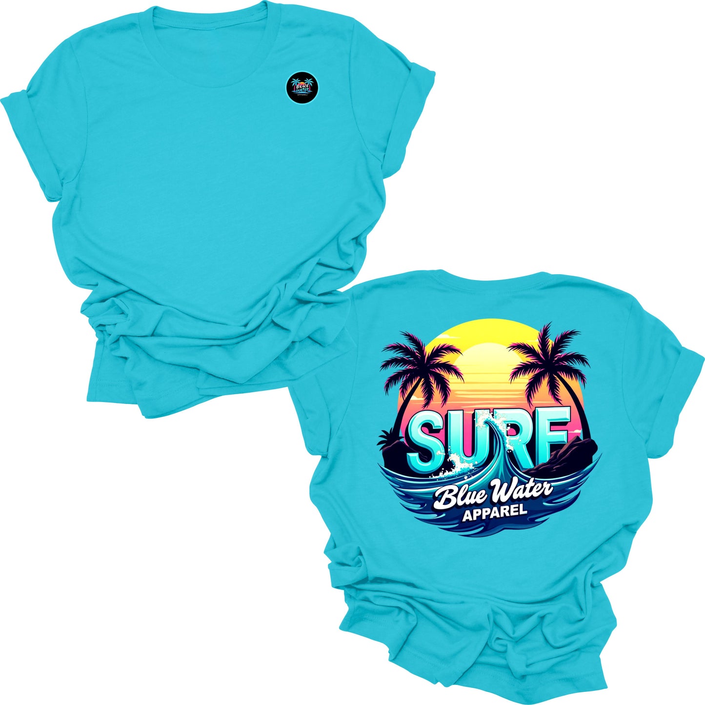 Flat lay turquoise retro surf tee by blue water apparel