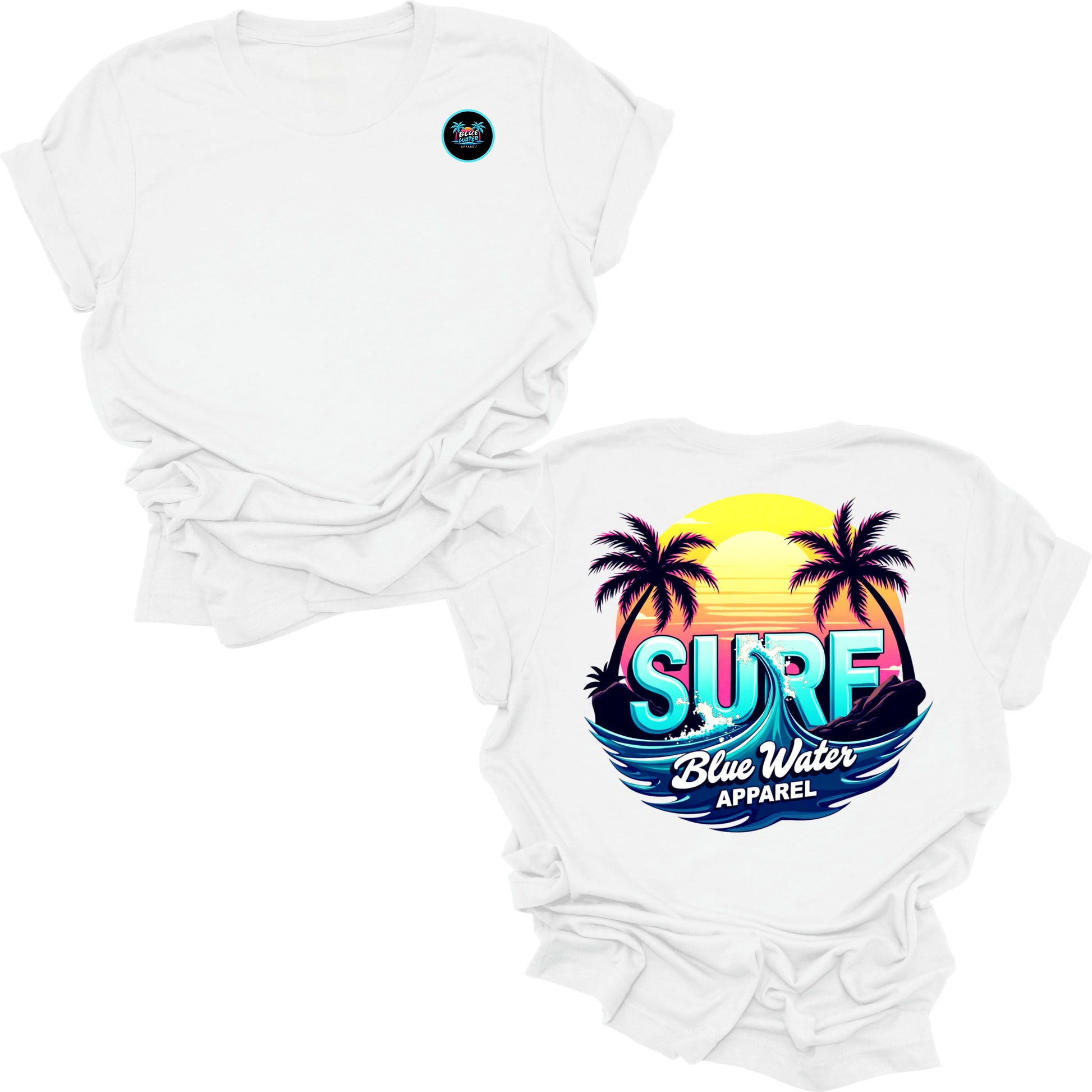 Flat lay white retro surf tee by blue water apparel