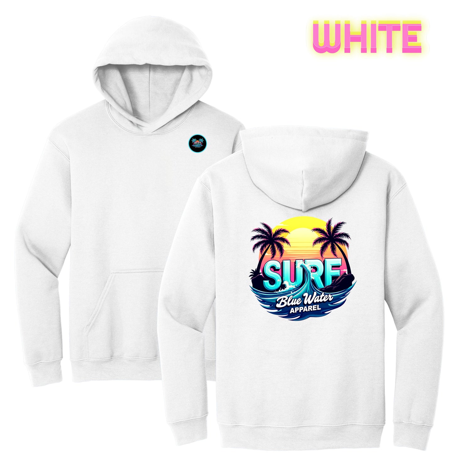 flat lay white retro surf hoodie by blue water apparel