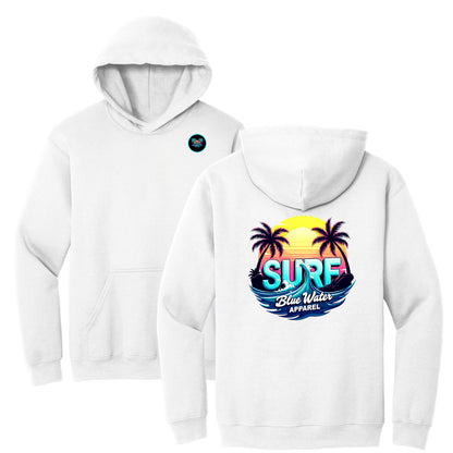 flat lay white retro surf hoodie by blue water apparel