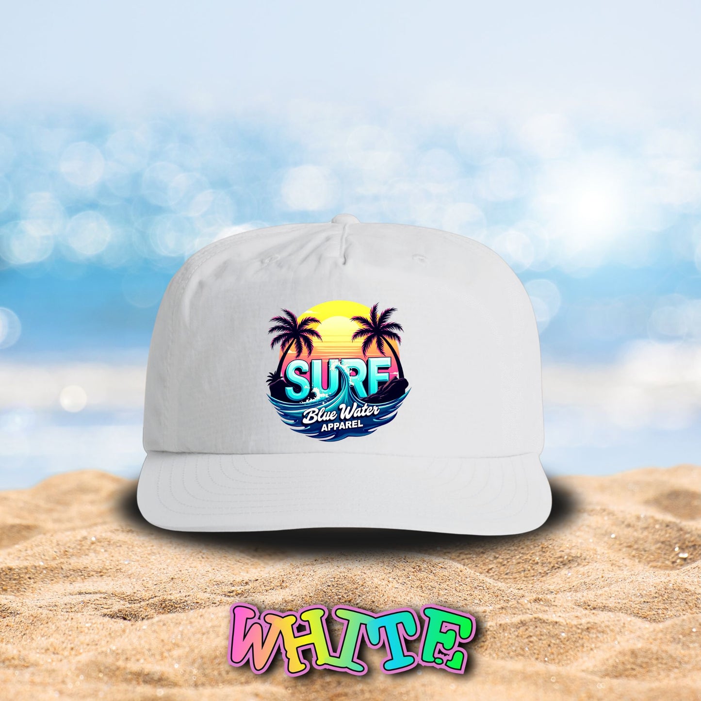 front view white retro surf surf cap by blue water apparel