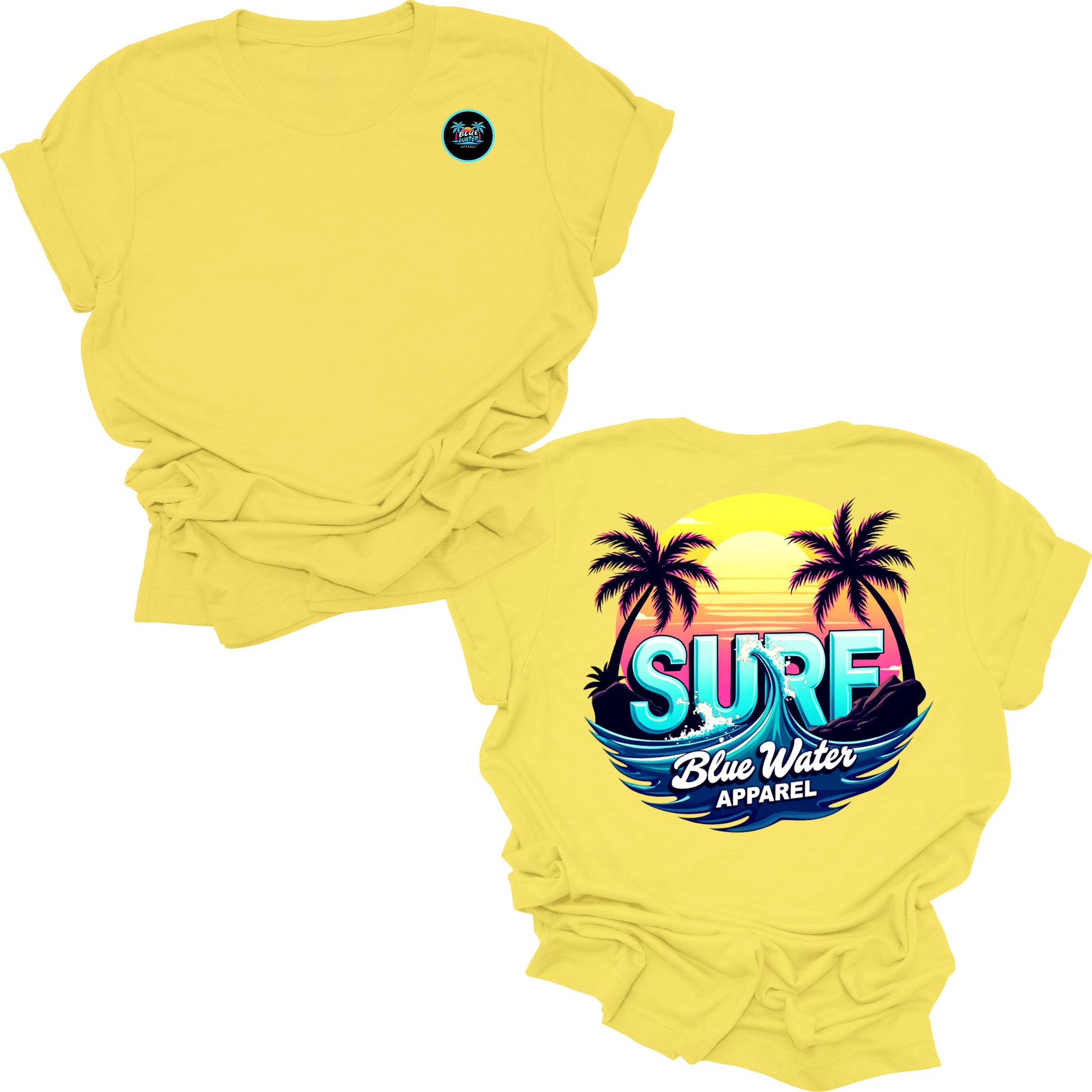 Flat lay yellow retro surf tee by blue water apparel