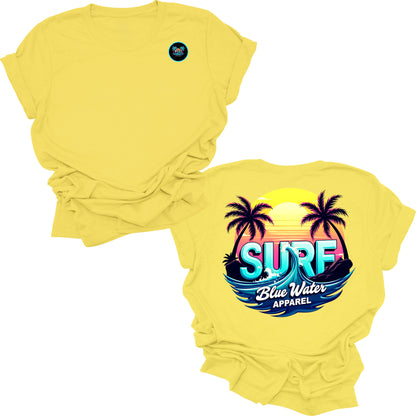 Flat lay yellow retro surf tee by blue water apparel