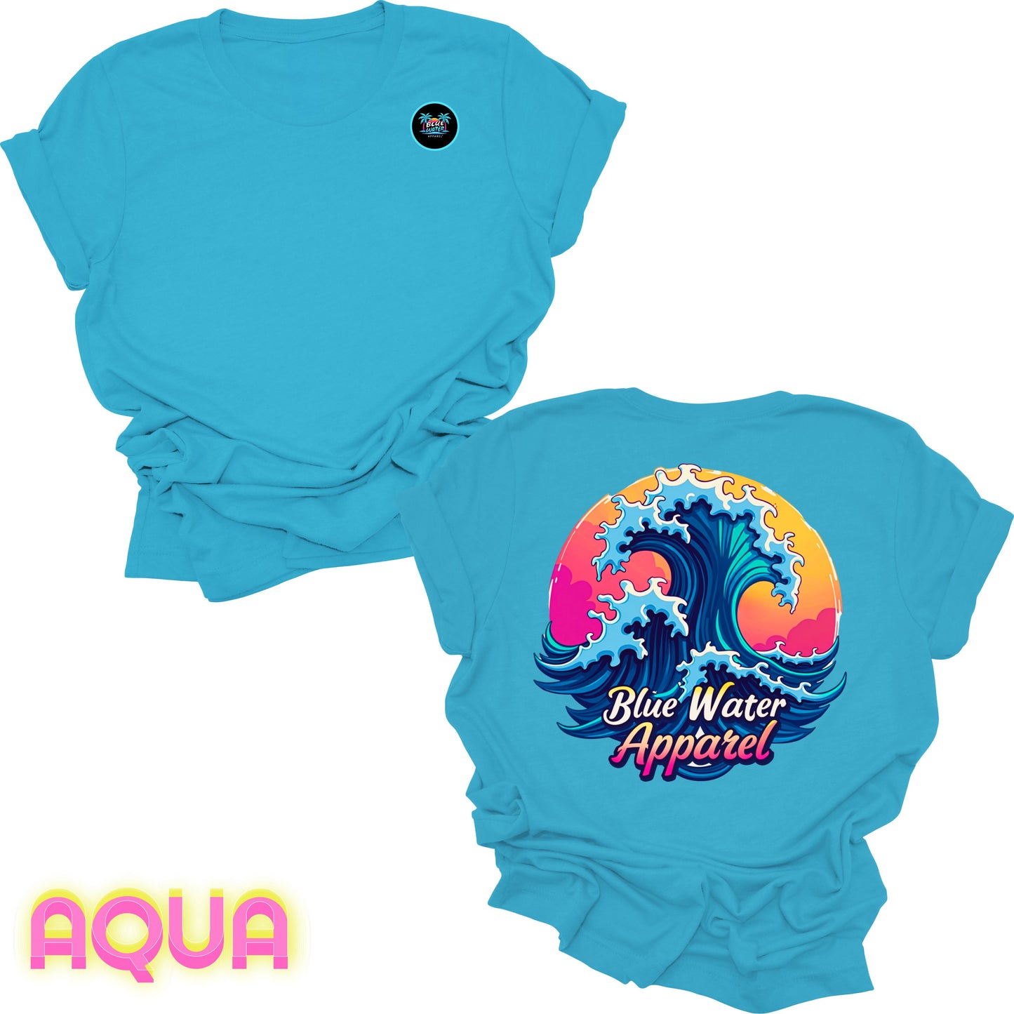 Flat lay aqua back graphic retro wave tee by blue water apparel