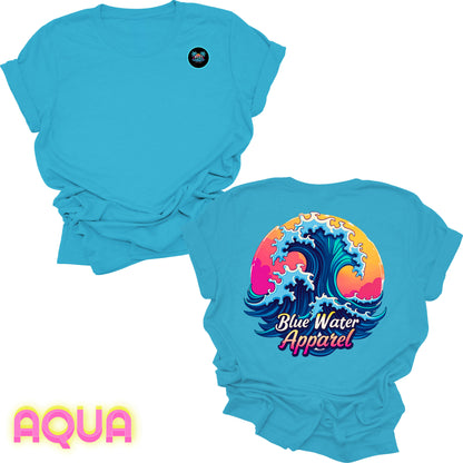 Flat lay aqua back graphic retro wave tee by blue water apparel