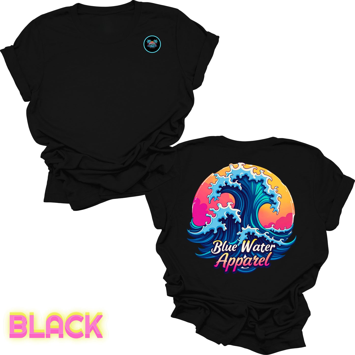 Flat lay black back graphic retro wave tee by blue water apparel