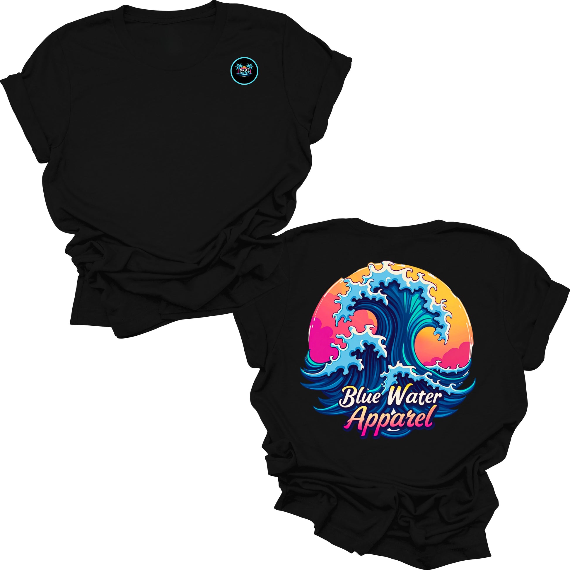 Flat lay black retro wave tee by blue water apparel