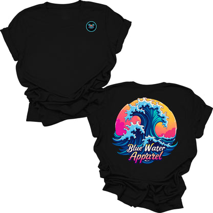 Flat lay black retro wave tee by blue water apparel