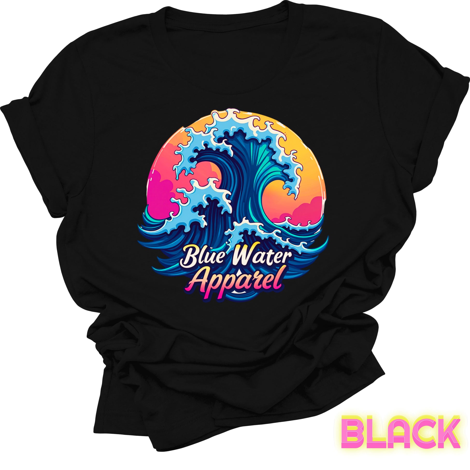 front graphic black retro wave tee by blue water apparel
