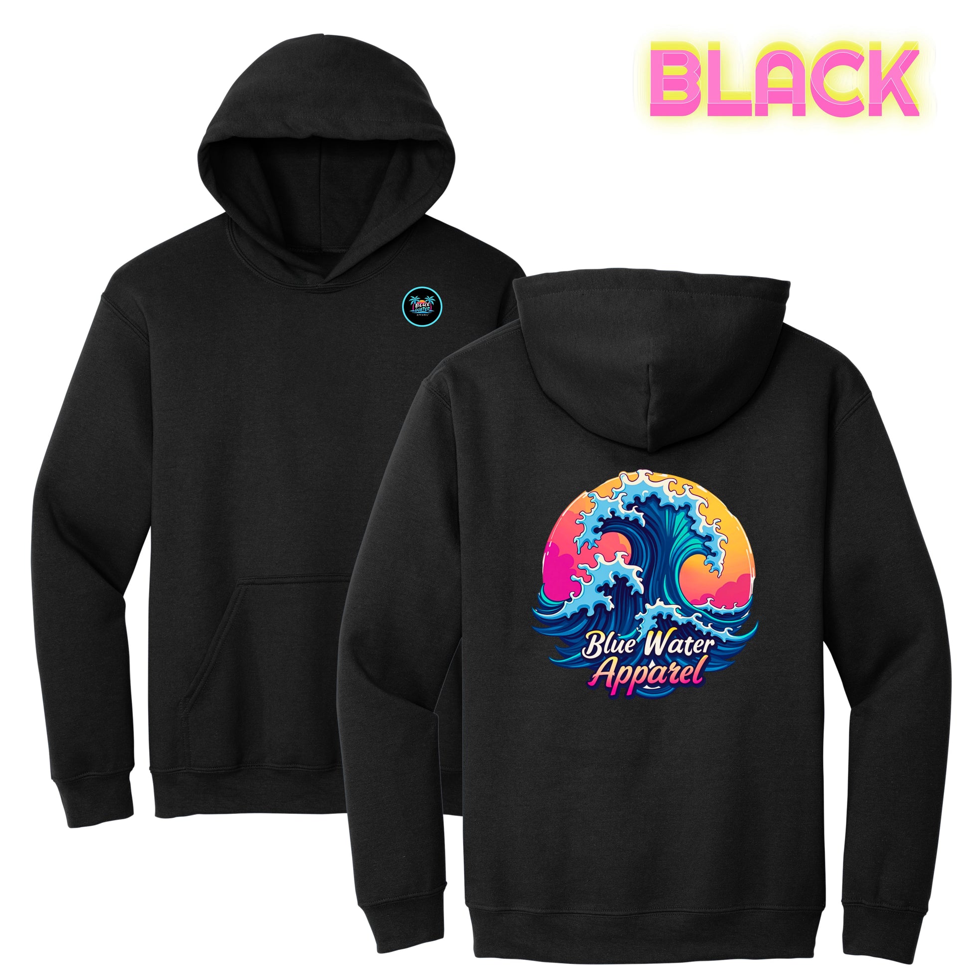 flat lay black retro wave hoodie by blue water apparel