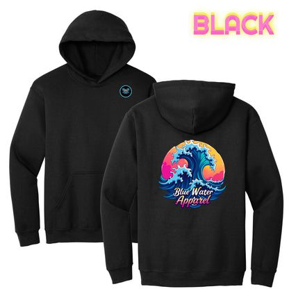 flat lay black retro wave hoodie by blue water apparel