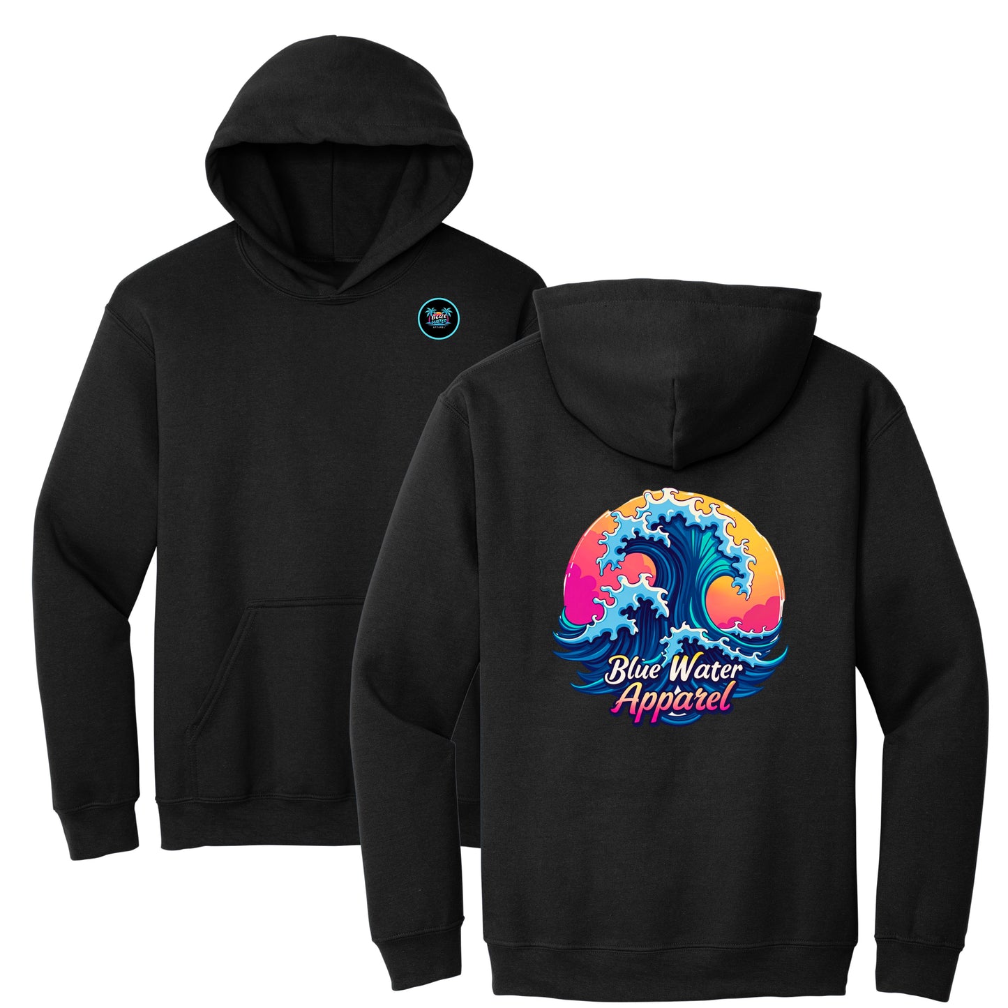flat lay black retro wave hoodie by blue water apparel