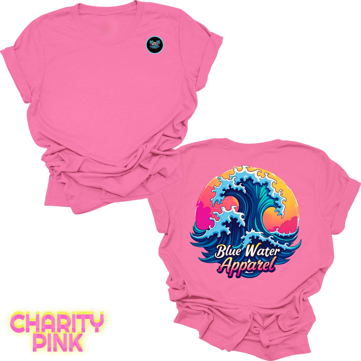 Flat lay charity pink back graphic retro wave tee by blue water apparel