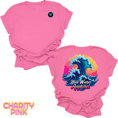 Flat lay charity pink back graphic retro wave tee by blue water apparel