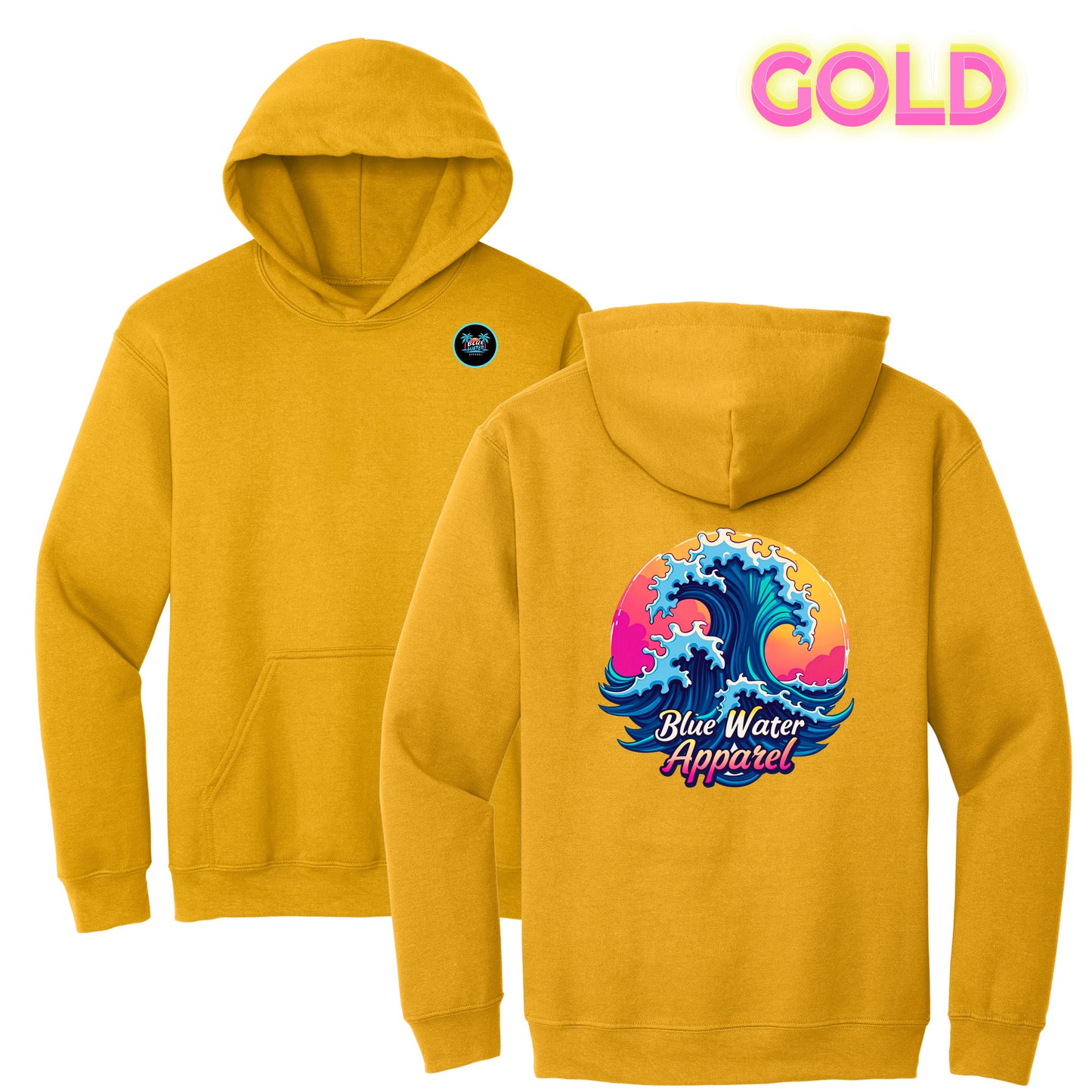 flat lay gold retro wave hoodie by blue water apparel
