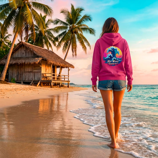 woman wearing heliconia retro wave adult hoodie on beach with beach shack by blue water apparel