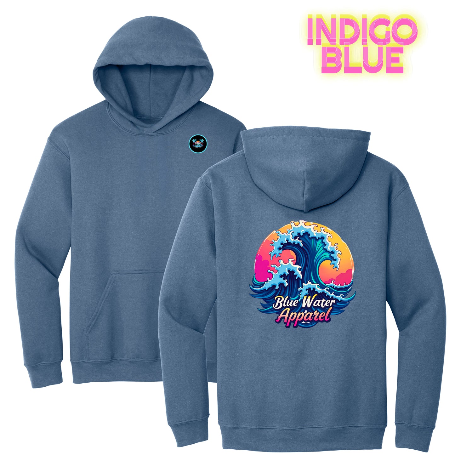 flat lay indigo blue retro wave hoodie by blue water apparel