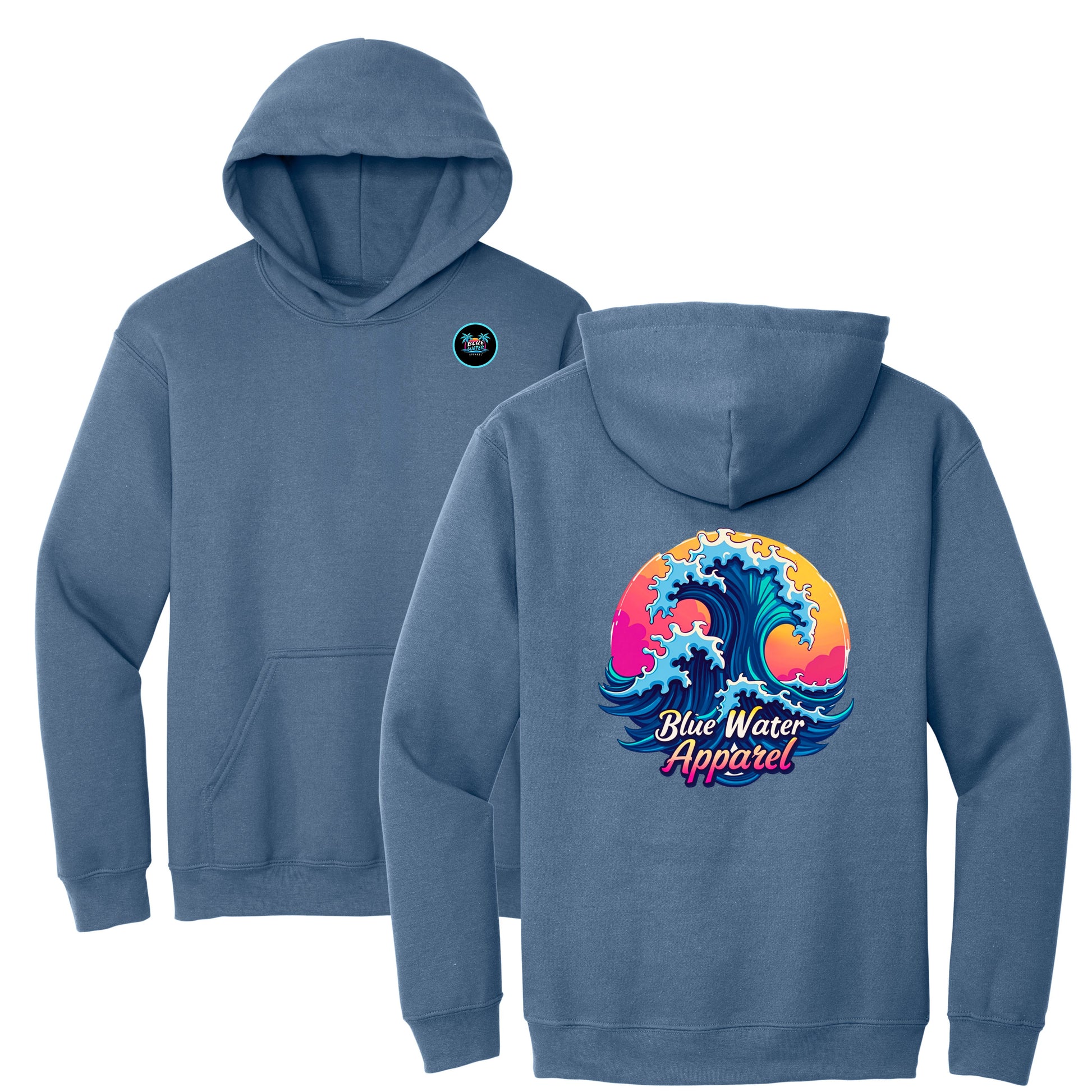 flat lay indigo blue retro wave hoodie by blue water apparel