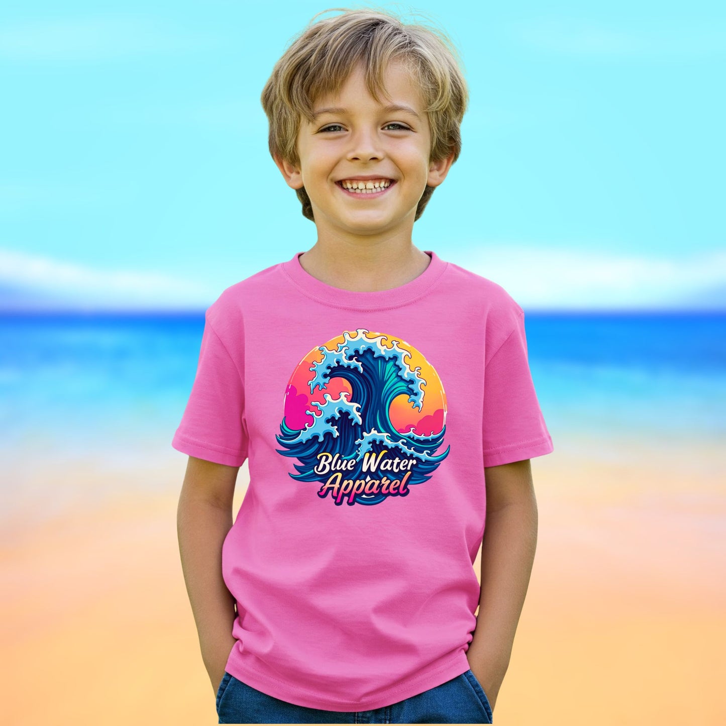 child model wearing azalea retro wave tee by blue water apparel