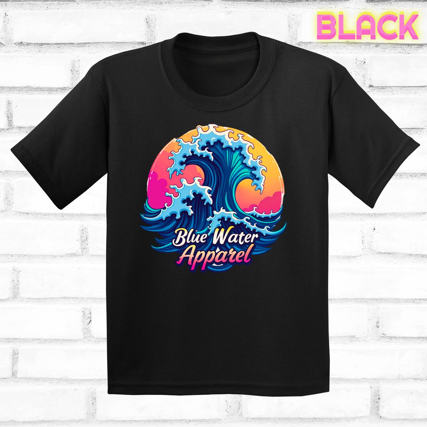 Children's flat lay black retro wave tee by blue water apparel