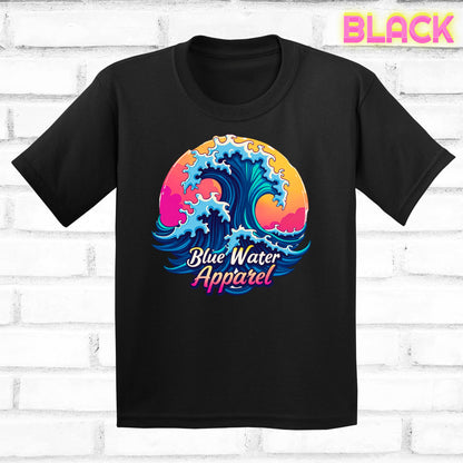 Children's flat lay black retro wave tee by blue water apparel
