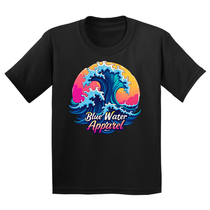flat lay black retro wave kids tee by blue water apparel