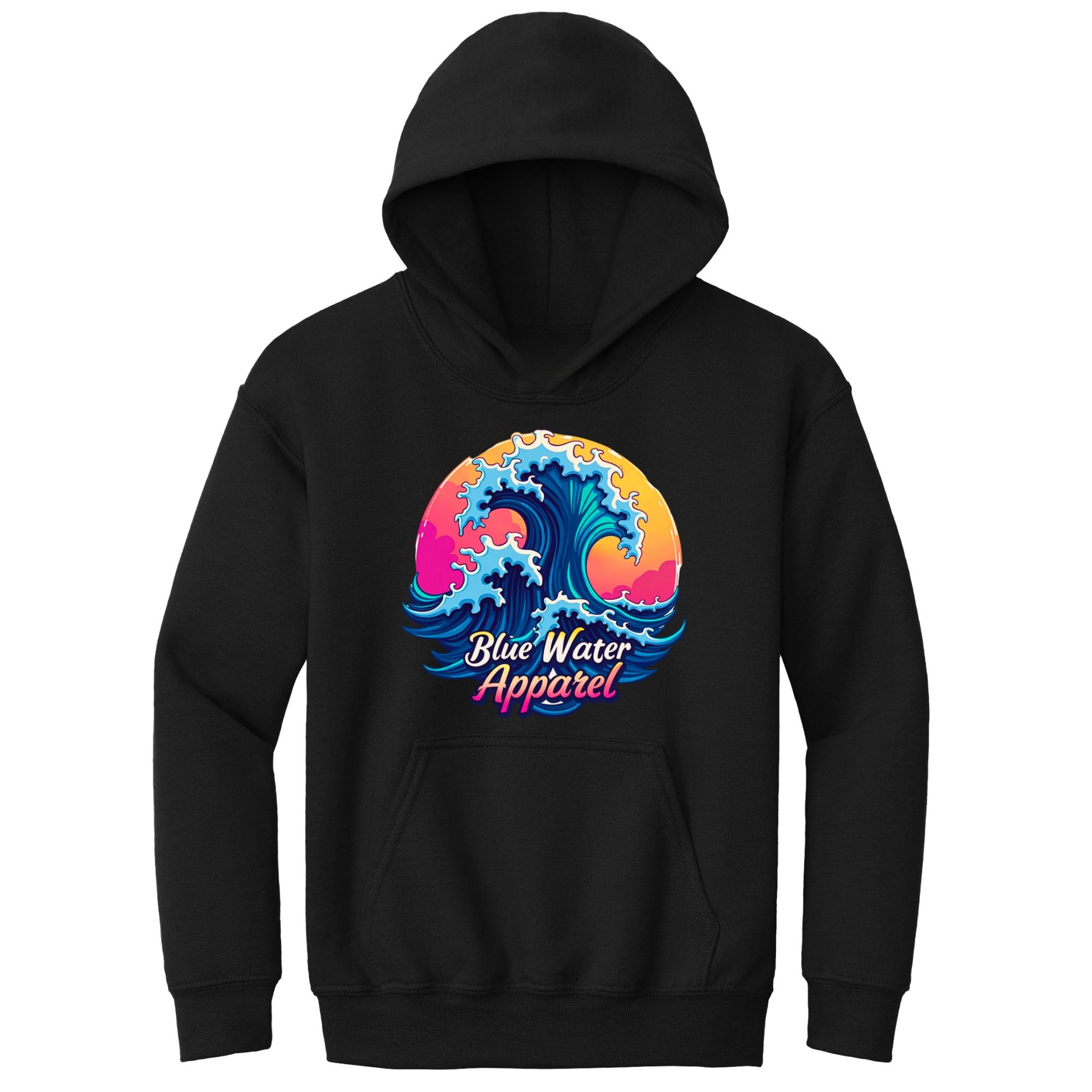 flat lay black retro wave kids hoodie by blue water apparel