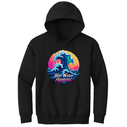 flat lay black retro wave kids hoodie by blue water apparel