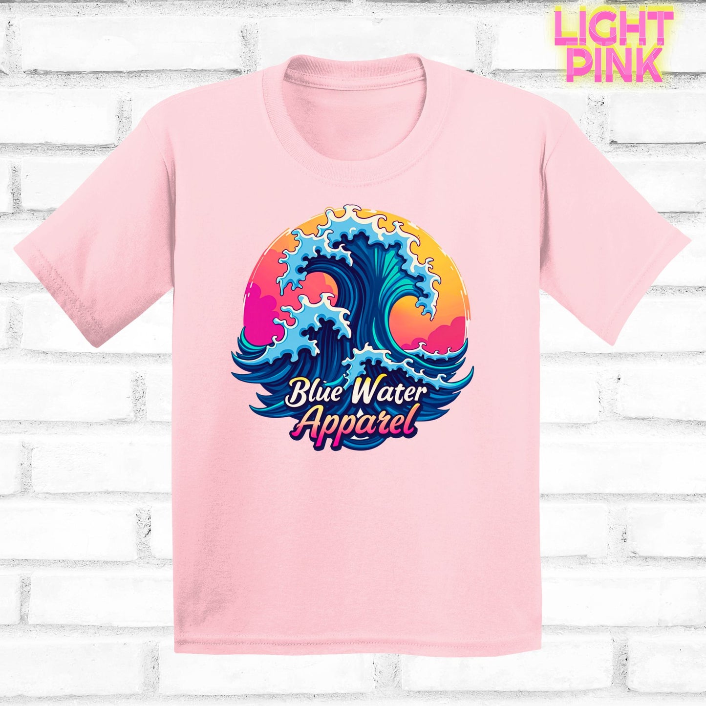 Children's flat lay light pink retro wave tee by blue water apparel