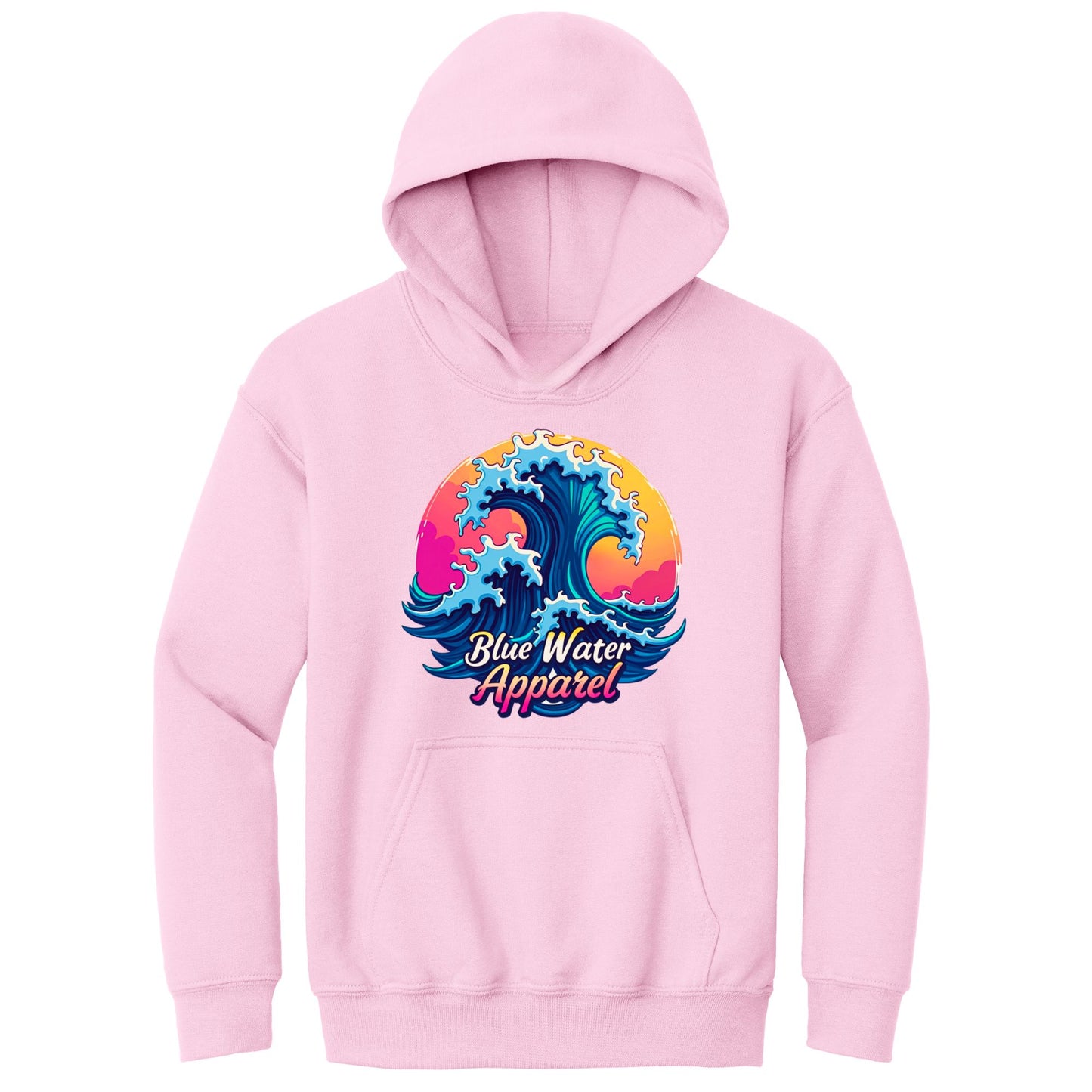 flat lay light pink retro wave kids hoodie by blue water apparel