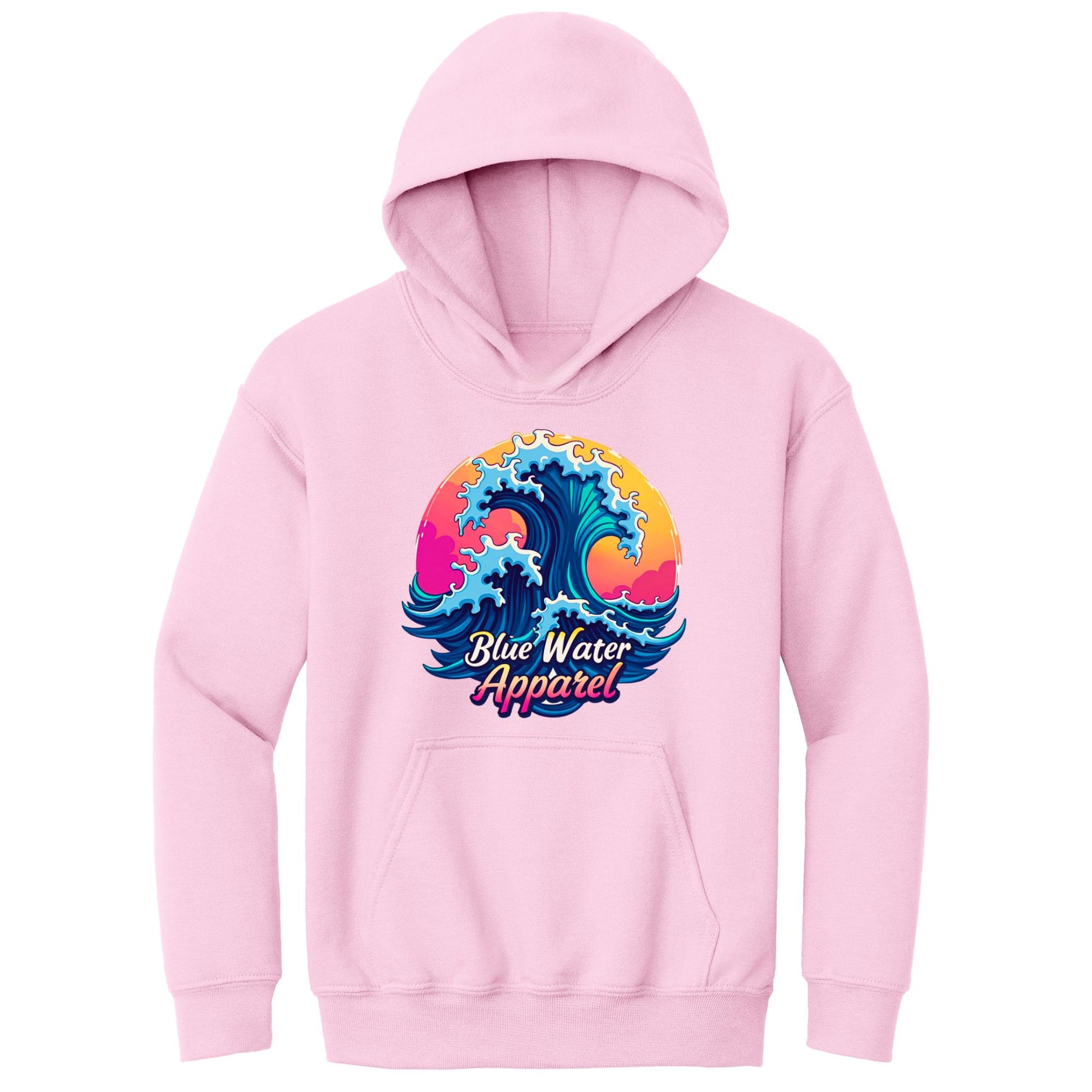 flat lay light pink retro wave kids hoodie by blue water apparel