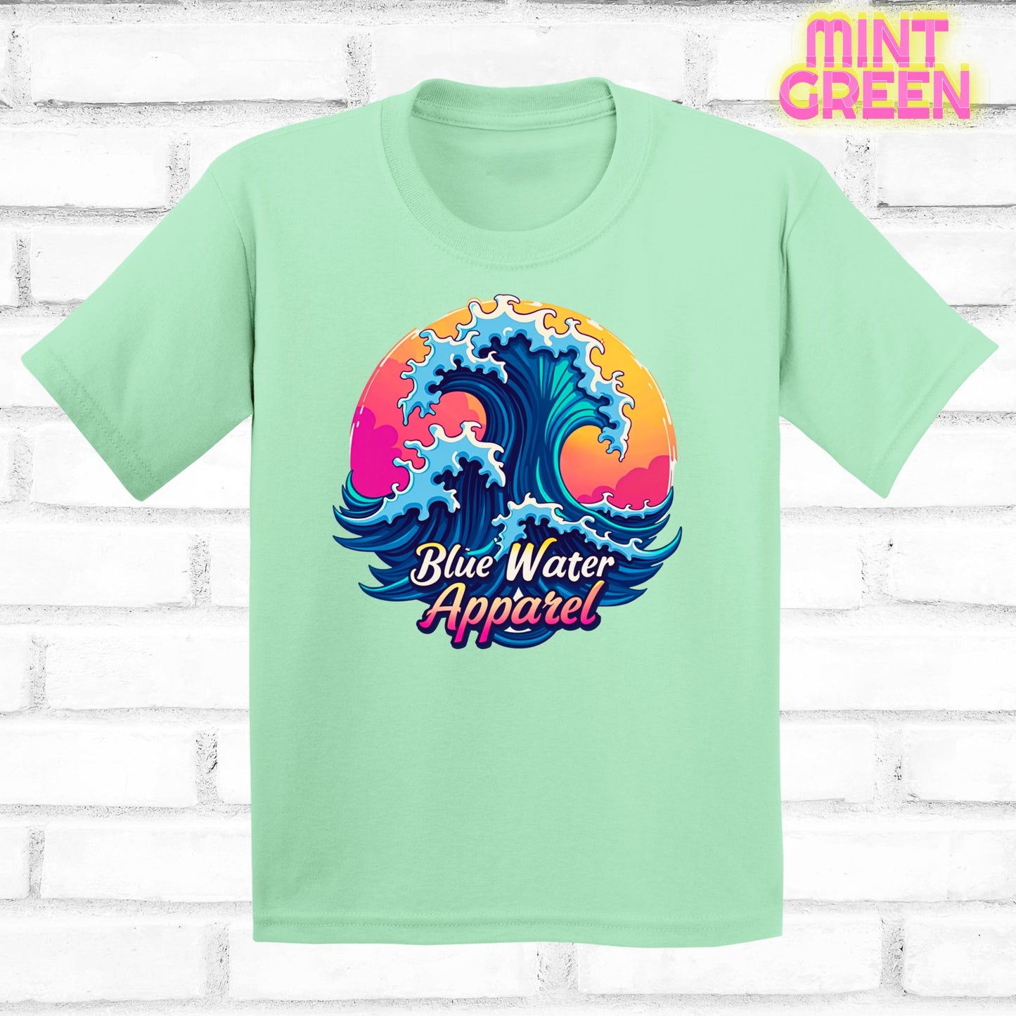 Children's flat lay mint green retro wave tee by blue water apparel