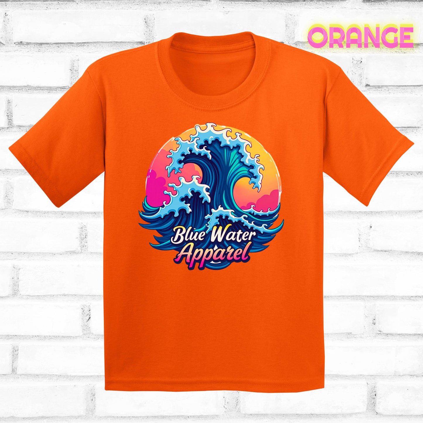Children's flat lay orange retro wave tee by blue water apparel