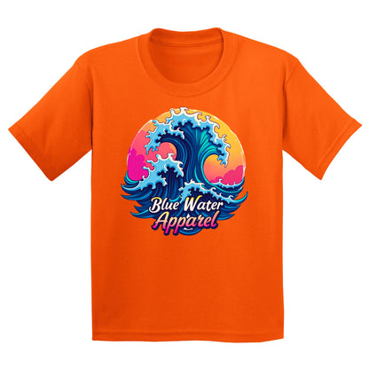 flat lay orange retro wave kids tee by blue water apparel