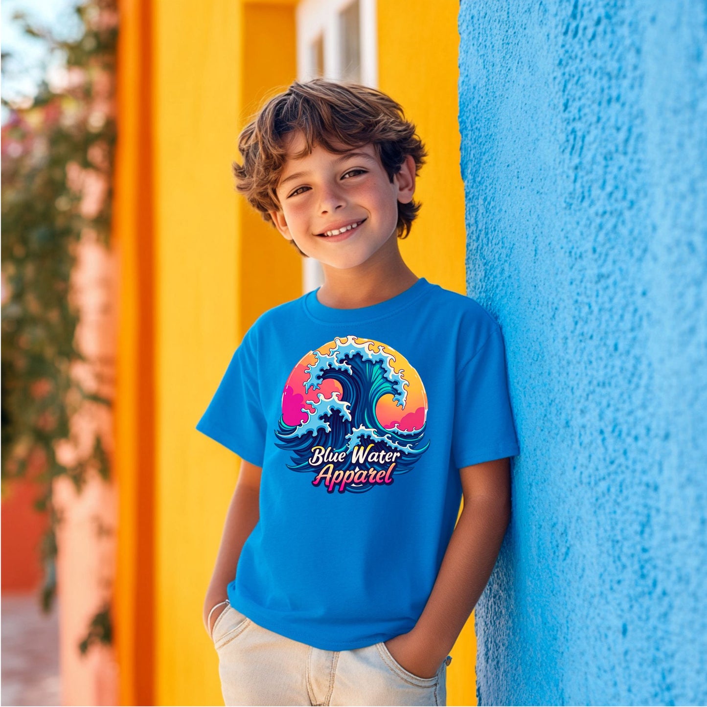 model wearing sapphire retro wave tee by blue water apparel