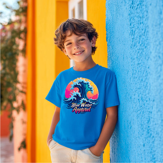 model wearing sapphire retro wave tee by blue water apparel