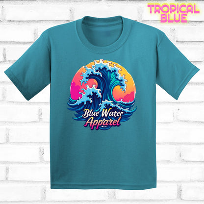 Children's flat lay tropical blue retro wave tee by blue water apparel