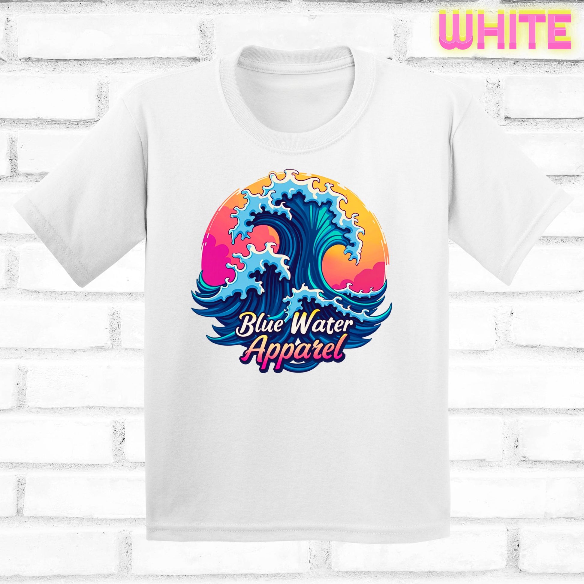 Children's flat lay white retro wave tee by blue water apparel