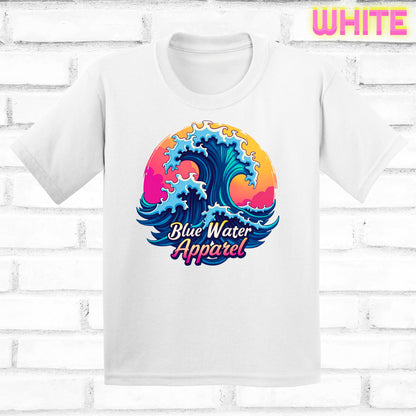 Children's flat lay white retro wave tee by blue water apparel