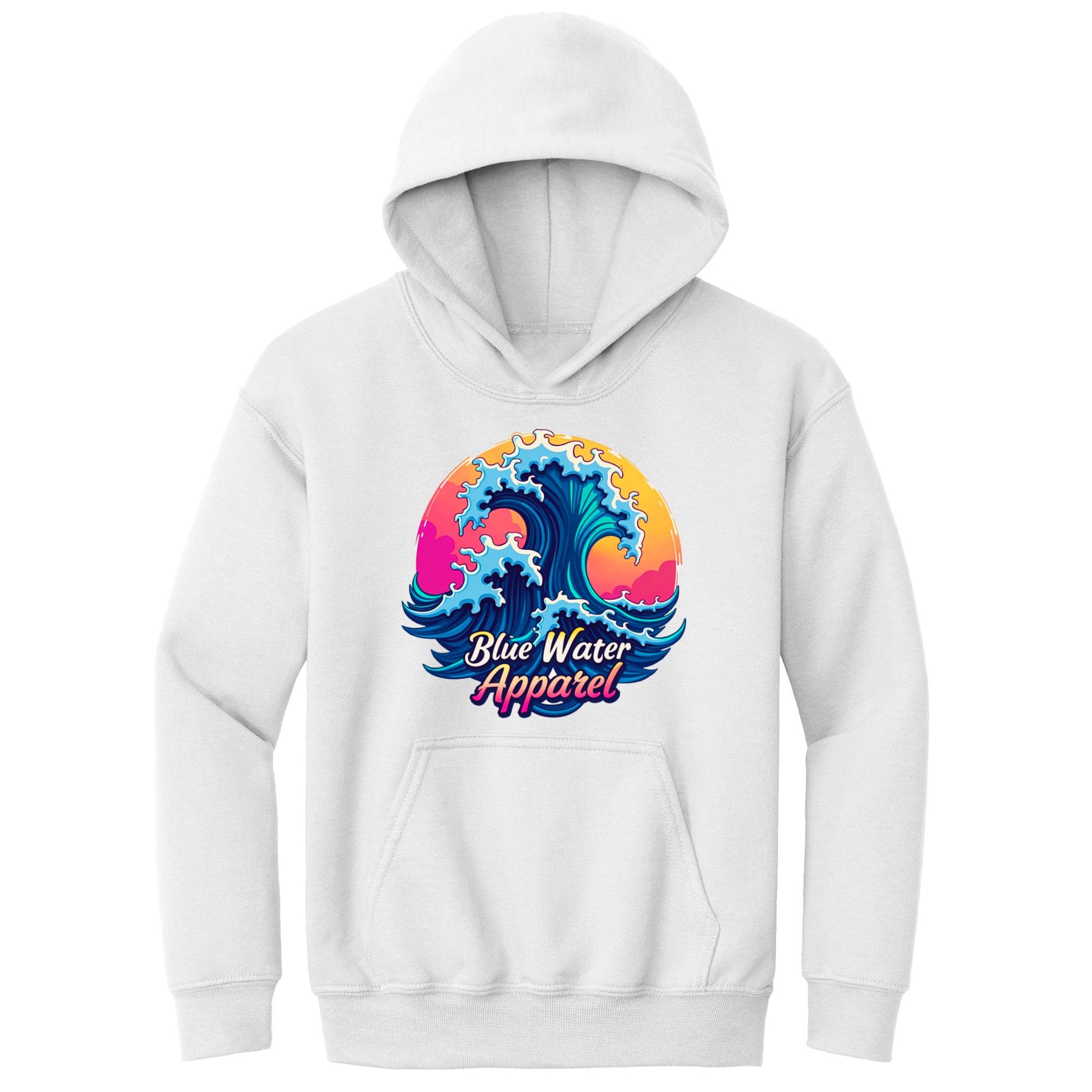 flat lay white retro wave kids hoodie by blue water apparel