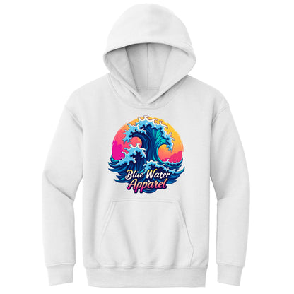 flat lay white retro wave kids hoodie by blue water apparel