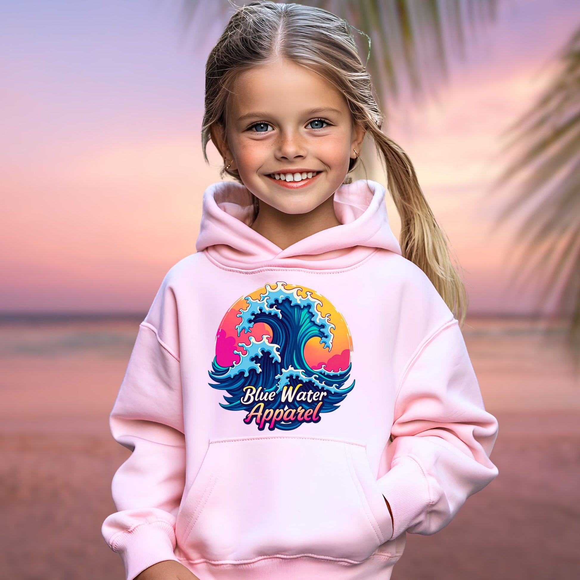 female model on beach wearing light pink retro wave kids hoodie by blue water apparel