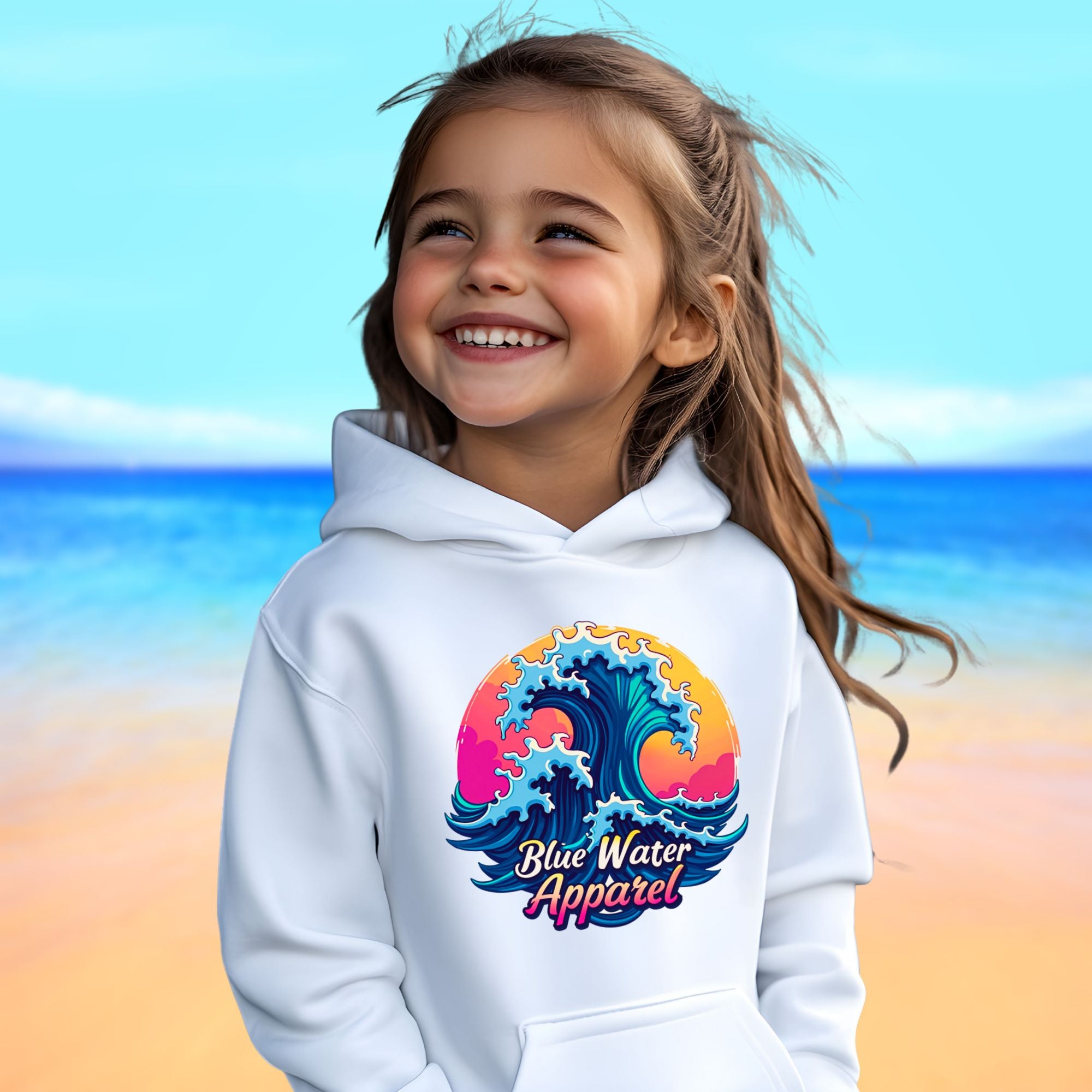 female model on beach wearing white retro wave kids hoodie by blue water apparel