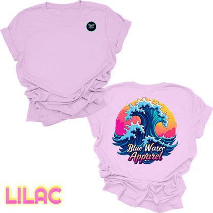 Flat lay lilac back graphic retro wave tee by blue water apparel