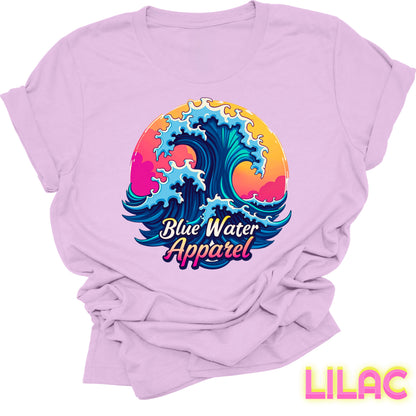 front graphic lilac retro wave tee by blue water apparel