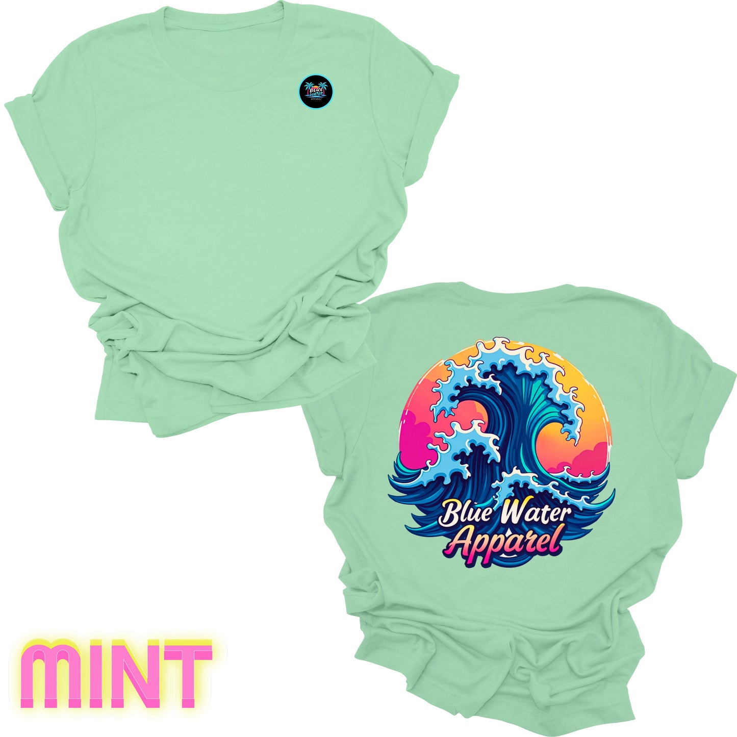 Flat lay mint back graphic retro wave tee by blue water apparel