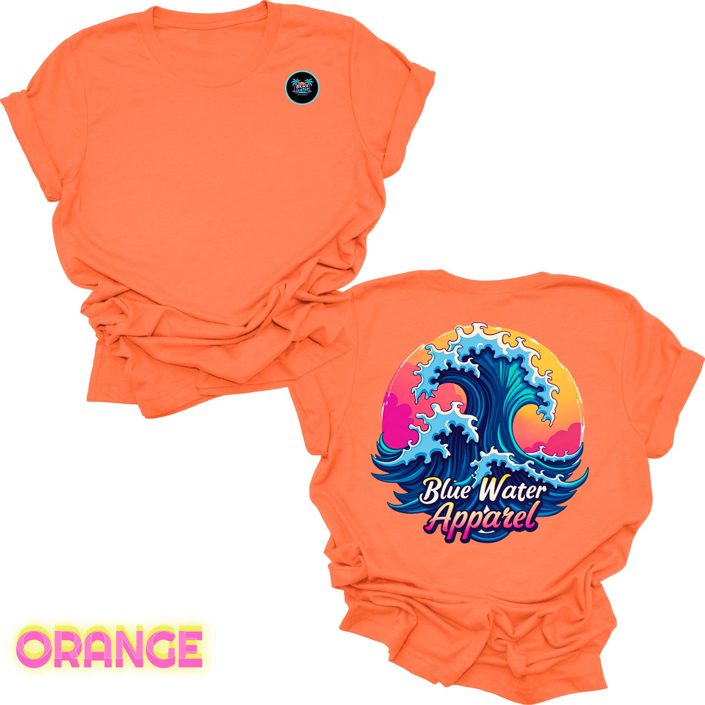 Flat lay orange back graphic retro wave tee by blue water apparel